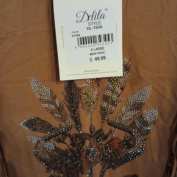 NWT western tank top with bling cow head skull feathers flowers fringe XL - Picture 4 of 5